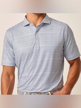 Johnnie-O Seal Gray Warwick Featherweight Performance Polo Blue Striped Golf